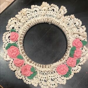 Handmade Crochet Lace ring  with Pink Roses /decor